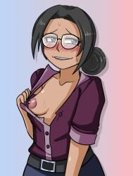 biting_lip black_hair blush breasts dinobirdofdoom flashing flashing_breasts miss_pauling nipples sweat team_fortress_2