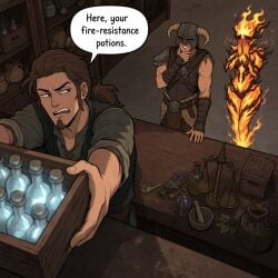 1girls 2boys ai_generated dovahkiin english english_text flame_atronach humor monster skyrim the_elder_scrolls