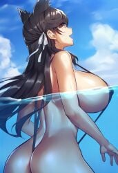 1girls ai_generated animal_ears ass atago_(azur_lane) azur_lane black_hair brutoaimage facing_away female female_only huge_breasts large_breasts long_hair sideboob sling_bikini slingshot_swimsuit solo swimming swimsuit