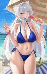absurdres bangboo_(zenless_zone_zero) beach beach_umbrella bikini bilingual_commentary blue_bikini breasts cleavage food grey_hair highres holding holding_food holding_popsicle large_breasts long_hair looking_at_viewer melting_popsicle mixed-language_commentary mole mole_under_mouth navel ocean pointy_ears popsicle purple_eyes scrunchie smile solo stomach swimsuit thighs umbrella velina_airgid very_long_hair wrist_scrunchie zenless_zone_zero