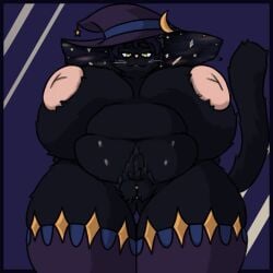 1girl anemic_anemone anemone_antimony anthro ass ass_visible_through_thighs bbw belly big_belly big_hat black_fur breasts breasts_bigger_than_head cat curly_hair curvy fat fat_female fat_mons fat_pussy feline female fluffy fluffy_fur furry huge_breasts looking_at_viewer looking_down low-angle_view neiros_(anemone_antimony) nude original original_character plump pubic_hair pubic_tuft puffy_nipples puffy_pussy purple_hair self_upload solo solo_female thick thick_thighs thighhighs venus_body voluptuous witch witch_hat yellow_eyes