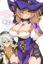 big_breasts bigger_female breasts female femboy genshin_impact huge_cock imminent_sex light_skin lisa_(genshin_impact) male mature mature_female milf otoko_no_ko size_difference white_hair younger_male