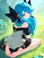 1girls ahoge ai_generated bare_legs bare_shoulders barefoot blue_eyes blue_hair clothed feet gwen_(league_of_legends) hair_ribbon heterochromia league_of_legends looking looking_at_viewer on_grass on_ground outdoors self_upload sitting skirt soles solo star_pupils toes twin_drills wariza x_pupils