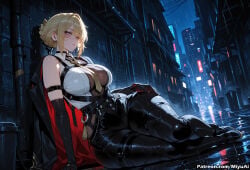 1girl ai_assisted ai_generated bangs bare_shoulders black_gloves blonde_hair blush boots braid breasts cleavage curvaceous curvy curvy_female curvy_figure elbow_gloves evelyn_chevalier female gloves large_breasts looking_at_viewer miyuai night purple_eyes rain sidelocks sitting sleeveless solo thick thick_ass thick_butt thick_hips thick_legs thick_thighs thighs voluptuous voluptuous_female wide_hips wide_thighs zenless_zone_zero