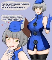 absolute_territory blue_clothing blush blushing_at_viewer breasts clothed elizabeth_(persona) hat high_collar hips hips_wider_than_shoulders large_breasts licking_lips looking_at_viewer nero_watch panties panty_peek persona persona_3 short_hair short_skirt silver_hair sleeveless sleeveless_dress thick_thighs thigh_squish thighhighs thighs thighs_bigger_than_head tongue wide_hips yellow_eyes