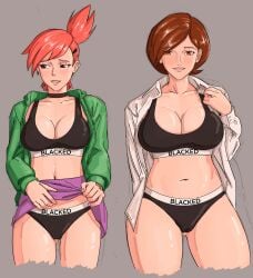 2024 2girls ai_assisted ai_generated big_breasts black_eyes blacked blacked_clothing breasts brown_eyes brown_hair cartoon_network cleavage clothes crossover disney edit female female_only foster's_home_for_imaginary_friends frankie_foster grok helen_parr ikana-chan jacket looking_at_viewer looking_away panties pixar red_hair short_hair skirt skirt_lift sports_bra the_incredibles thick_thighs thighs tied_hair