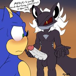 ! anthro balls big_ears big_eyes blush close-up demon dialogue english_text erection flamez fur gay headgear hedgehog hi_res infinite_(sonic) looking_down male mammal mask nude pecs penis pointy_ears sonic_(series) sonic_forces sonic_the_hedgehog standing sweat text thick_penis vein veiny_penis video_games yaoi yellow_eyes