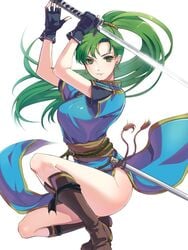 1girls arms_up ass bare_legs black_gloves blue_dress boots breasts brown_boots closed_mouth dress earrings female female_only fingerless_gloves fire_emblem fire_emblem:_the_blazing_blade floating_hair full_body gloves green_eyes green_hair high_ponytail highres holding holding_sword holding_weapon jewelry katana kokouno_oyazi large_breasts legs long_hair looking_at_viewer lyn_(fire_emblem) lyndis_(fire_emblem) matching_hair/eyes nintendo no_panties pelvic_curtain ponytail scabbard shiny short_sleeves side_slit smile solo squatting sword thighs weapon