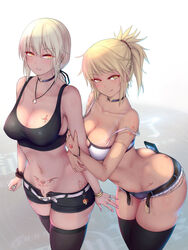 2girls artoria_pendragon_(alter) ass bedroom_eyes booty_shorts cleavage denim denim_shorts earrings fate/grand_order fate_(series) female_only gyaru hotpants licking_lips looking_at_viewer mordred_(fate) mother_and_daughter multiple_girls nail_polish naughty_face nikuku_(kazedesune) ponytail pubic_tattoo smile tattoo thick_thighs thighhighs tongue_out