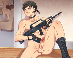 3boys abs against_wall boos erection fellatio gun licking_lips male naughty_face penis sitting tongue weapon yaoi