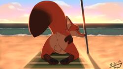 16:9 absurd_res animal_genitalia anthro anus backsack balls beach canid canine disney fox fully_sheathed fur green_eyes hi_res male male_only mammal nick_wilde nude orange_fur pawpads presenting presenting_anus seaside sheath solo trevart zootopia