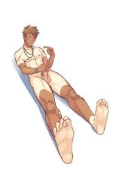 1boy dong_chen erection feet full_body male male_only masturbation nude penis solo tan tanline