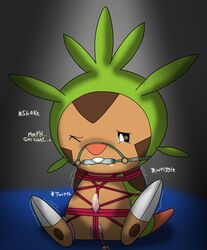 animal_genitalia blush bondage bound chespin cum drooling gag gagged hi_res male nintendo penis pokemon saliva sex_toy soupcanz vibrator video_games