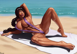 1girls areola breasts cleavage curvy dark-skinned_female dark_skin erect_nipples female female_only hyper hyper_breasts muscular_female nipple_bulge nipples one-piece_swimsuit sling_bikini solo swimsuit vitalis