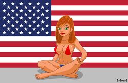 1girls 4th_of_july aged_up alternate_version_available artist_name bare_shoulders big_breasts bikini bikini_bottom bikini_top busty cleavage curvy detailed_background disney erect_nipple erect_nipples eyeliner female female_only flag fnbman front_view green_eyes hourglass_figure human kim_possible kimberly_ann_possible large_breasts lipstick looking_at_viewer makeup midriff nipple_bulge older orange_hair pose posing red_lipstick shadow shiny shiny_skin sitting solo swimsuit teenage text voluptuous wide_hips