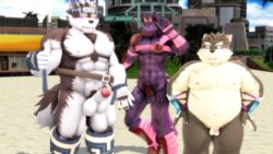 2017 3d anthro balls bathym beach blush canine erection fur headband horkeukamui horn kemono male male_only malicekira mammal moritaka multicolored_fur muscular muscular_male nude open_mouth outside overweight penis purple_fur scar seaside slightly_chubby tokyo_afterschool_summoners tongue