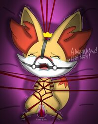 animal_genitalia blush bondage bound crying cum drooling female fennekin gag gagged hi_res nintendo pokemon pokemon_(species) pussy saliva sex_toy soupcanz tears vibrator video_games