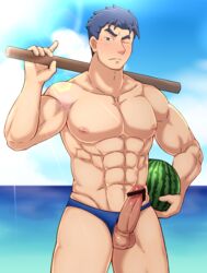 1boy abs bara beach biore_(artist) blush censored erection fire_emblem fire_emblem:_the_blazing_blade hector_(fire_emblem) male male_only muscle muscular ocean pecs penis solo sweat topless undressing watermelon