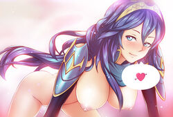 1girls bent_over blue-senpai blue_eyes blue_hair blush breasts eliz-chan female female_only fire_emblem fire_emblem_awakening gloves hanging_breasts heart large_breasts long_hair looking_at_viewer lucina_(fire_emblem) nintendo nipples nude puffy_areolae puffy_nipples smile solo speech_bubble spoken_heart tiara