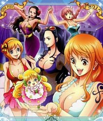 2016 6+girls artist_request aunt_and_niece bare_shoulders black_hair blonde_hair blue_eyes blush blush_stickers bracelet braid breasts cleavage dress dwarf female female_only hairband happy human koala_(one_piece) large_breasts long_hair looking_at_viewer mansherry multiple_girls nail_polish nami nico_robin no_bra one_piece orange_hair perky_breasts pink_hair rebecca_(one_piece) rose short_hair shortstack smile sunglasses sunglasses_on_head tattoo tontatta_dwarf viola_(one_piece)