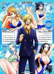 1boy 2017 4girls artist_request bikini black_hair blonde_hair blue_eyes blue_hair blush boa_hancock breasts calendar_(medium) cigar cleavage earrings female fist glasses hand_in_pocket large_breasts long_hair looking_at_viewer male multiple_girls nami nami_(one_piece) nefertari_vivi one_piece open_mouth orange_hair perky_breasts post-timeskip smile standing tashigi tattoo tied_hair vinsmoke_sanji