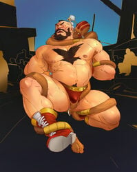 2boys bara body_hair crotch dhalsim groping male male_only multiple_boys public restrained street_fighter topless yaoi zangief