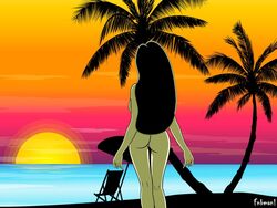 1girls alternate_version_available artist_name back_view backboob bare_shoulders beach big_breasts black_hair busty butt_crack chair cleavage curvy detailed_background disney eyeliner female female_only fnbman green_skin hourglass_figure human kim_possible long_hair naked nude outdoor outdoors outside pose posing shego solo standing sun sunset swimsuit teenage text tree umbrella voluptuous water wide_hips