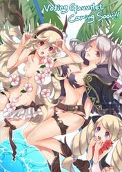 3girls ass belt bikini bikini_skirt blonde_hair blue_hair blush boots breasts cleavage cloak corrin_(female)_(summer)_(fire_emblem) corrin_(fire_emblem) corrin_(fire_emblem)_(female) curvy drill_hair elise_(fire_emblem) elise_(summer)_(fire_emblem) embarrassed erect_nipples female female_only fire_emblem fire_emblem_awakening fire_emblem_fates fire_emblem_heroes gloves human large_ass large_breasts lei long_hair looking_at_viewer lost_clothes multiple_girls navel nintendo nipple_bulge nipples one-piece_swimsuit outdoors palm_tree panties pantyhose pokies purple_bikini red_eyes renkonmatsuri robin_(female)_(summer)_(fire_emblem) robin_(fire_emblem) robin_(fire_emblem)_(female) smile swimsuit torn_clothes tree twintails white_bikini white_hair