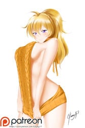 ahoge artist_name blonde_hair blush breasts female groin high_resolution hips kimmy77 large_breasts long_hair meme_attire patreon_logo purple_eyes rwby sideboob smile solo virgin_killer_sweater watermark web_address white_background yang_xiao_long