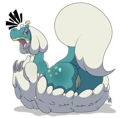 1girls 2016 absurd_res ass digital_media_(artwork) drampa female feral fur green_skin hi_res kingbeast nintendo open_mouth pokémon_(species) pokemon pokemon_sm purple_eyes purple_sclera pussy scalie simple_background solo surprise thick_thighs video_games white_background white_fur wide_hips