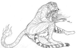 2007 ambiguous_gender anthro closed_eyes duo ebonytigress embrace feet feline female fur greyscale hair humanoid_feet leg_grab long_hair lying mammal monochrome nude on_side one_leg_up pawpads pussy short_hair simple_background sketch sleeping tail_between_legs tiger white_background