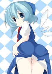 ase_(nigesapo) ass blue_dress blue_eyes blue_hair blue_ribbon blush cirno dress hair_ribbon highres ice ice_wings open_mouth puffy_short_sleeves puffy_sleeves pussy pussy_juice ribbon short_hair short_sleeves touhou wings