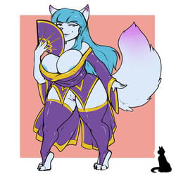 anthro big_breasts blue_hair breasts canine female looking_at_viewer mammal natysanime nipples pussy smile solo standing thick_thighs