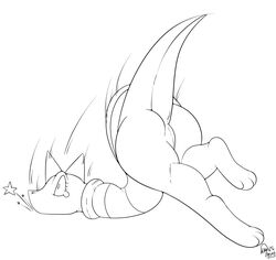 2015 3_toes absurd_res anthro anus armless ass ass_up clothed clothing digital_media_(artwork) faceplant female hi_res kingbeast line_art monochrome monster_kid paws pussy scalie simple_background solo star tears toes undertale upskirt video_games white_background wide_eyed