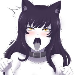 ahe_gao blake_belladonna blush collar cslucaris drooling faunus female female_only naughty_face rolling_eyes rwby sexually_suggestive simple_background solo sweat tagme tongue tongue_out trembling white_background