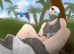 1boy bat blue_hair cum cumshot ejaculation erection human jacking_off jerking male male_masturbation male_only mask masturbation nature outdoors pants_around_ankles pants_down penile_masturbation penis pokemon pokemon_(species) shoes sitting sleeveless_shirt solo solo_male stroking stroking_cock stroking_penis team_skull team_skull_grunt team_skull_grunt_(male) tree tupp_(pokemon) zubat
