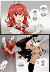 10s 1boy against_wall ahoge ankle_grab arashi_(kantai_collection) before_and_after bent_over censored check_translation clothed_sex clothing comic commentary_request cum cum_in_pussy cum_inside female from_behind gloves hard_translated instant_loss_2koma kantai_collection kerchief leg_lift long_hair male messy_hair open_mouth penetration penis pleated_skirt pussy red_hair school_uniform sex skirt skirt_lift solo_focus spread_legs standing standing_on_one_leg text thighhighs translated vaginal_penetration vest white_gloves yamaioni_(sasakama)