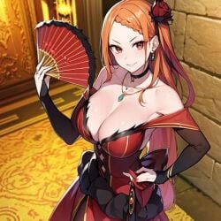 ai_generated bare_shoulders big_breasts dress holding_object hourglass_figure orange_hair priscilla_barielle re:zero_kara_hajimeru_isekai_seikatsu red_eyes red_hair royal solo_female voluptuous_female wide_hips