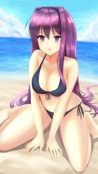 1female 1girls 5_fingers anime_style bare_shoulders big_breasts bikini black_bikini breasts cleavage clouds collarbone doki_doki_literature_club elforein feet front-tie_bikini front-tie_top hair_between_eyes hair_intakes hair_over_shoulder hairclip hand_between_legs light-skinned_female light_blush light_skin long_hair ocean parted_lips purple_eyes purple_hair purple_hairclip sand side-tie_panties sideboob sitting sky swimwear thighs v_arms very_long_hair wariza yuri_(doki_doki_literature_club)