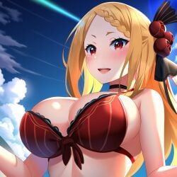 ai_generated big_breasts bikini bikini_top braided_hair long_hair massive_breasts orange_hair priscilla_barielle re:zero_kara_hajimeru_isekai_seikatsu red_eyes red_hair showing_breasts smiling solo_female up_close