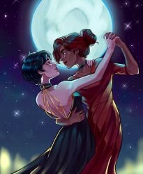 2d 2d_(artwork) 2d_artwork 2girl 2girls artist_request bare_arms blue_dress carmen_sandiego carmen_sandiego_(2019) carmen_sandiego_(franchise) chocolate_and_vanilla dancing earrings female female/female female_focus female_only female_with_female full_moon jewelry julia_argent julia_argent_(carmen_sandiego) lesbian moon moonlight multiple_girls night only_female outside red_dress short_hair skinny skinny_female skinny_girl skinny_waist smile wholesome yuri