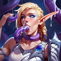 1girls ai_generated alleria_windrunner blonde_hair blue_eyes corruption cum cum_in_mouth defeated defeated_heroine elf elf_ears elf_female eyes_rolling_back fellatio female female_only mind_break orgasm orgasm_face rape restrained tentacle tentacle_rape tentacle_sex warcraft world_of_warcraft