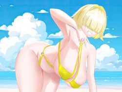 1girls bikini breasts_bigger_than_head cleavage curvy elegg_(nikke) goddess_of_victory:_nikke huge_breasts peace_sign smile smiling_at_viewer thick_ass thick_legs thick_thighs voluptuous voluptuous_female wide_hips yellow_hair