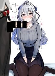 1boy @_@ adam_(honkai_impact) bar_censor belt black_pants black_pantyhose black_skirt blush breasts bronya_zaychik bronya_zaychik_(outstanding_attitude) bronya_zaychik_(silverwing:_n-ex) censored closed_mouth female grey_eyes grey_hair grey_sweater highres honkai_(series) honkai_impact_3rd large_breasts large_penis looking_at_viewer mini2chainz pants pantyhose penis sitting skirt straight sweater wariza white_background