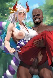 ai_generated carrying carrying_another carrying_partner dark-skinned_male female fucked_through_hakama hakama interracial lifting lifting_person male mikayori one_piece ripped_clothing vaginal_penetration vaginal_sex yamato_(one_piece)