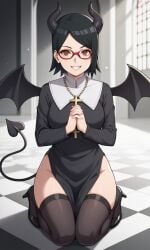 ai_generated barefoot bigmic145 black_eyes black_hair boruto:_naruto_next_generations breasts clothed clothed_female clothing corruption demon demon_girl demon_horns demon_tail demon_wings female female_only glasses high_heels medium_breasts naruto naruto_(series) nun sarada_uchiha solo solo_female succubus succubus_horns succubus_tail succubus_wings thighhighs