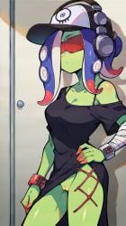 acht_(splatoon) ai_generated autismmix_pony(model) bandage baseball_cap black_dress blue_hair breasts cleft_of_venus dedf1sh dedf1sh_(splatoon) dress expressionless female flashing_pussy from_side green_skin hand_on_hip headphones indoors marusame no_panties octarian octoling off_shoulder pussy solo splatoon stable_diffusion tinted_eyewear wristband