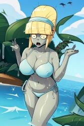 ai_generated beach bikini_zombie bikini_zombie_(pvz) blonde_hair blush plants_vs_zombies plants_vs_zombies_2:_it's_about_time solo solo_female water