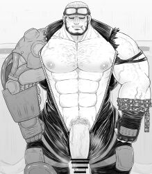 balls bar_censor bara big_balls big_penis body_hair censor_bar censored censored_penis clothing facial_hair flaccid jack_cayman madworld male male_only monochrome muscles muscular penis penis_out shiro_tora solo solo_male