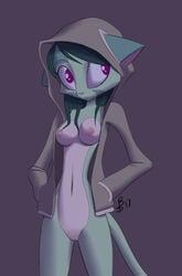 2017 anthro barbadosslim bottomless breasts dreamkeepers feline female fur furry green_fur green_hair grey_background hoodie lilith_calah mammal naked_hoodie navel nipples open_shirt purple_eyes pussy simple_background solo white_belly white_fur